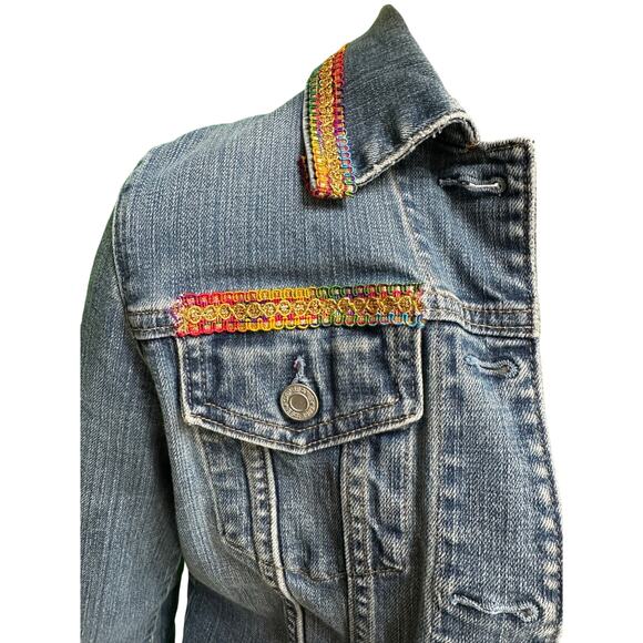 Custom Upcycled GAP Denim Jacket Fringe & Rainbow Trim Sz Small S - Picture 6 of 8